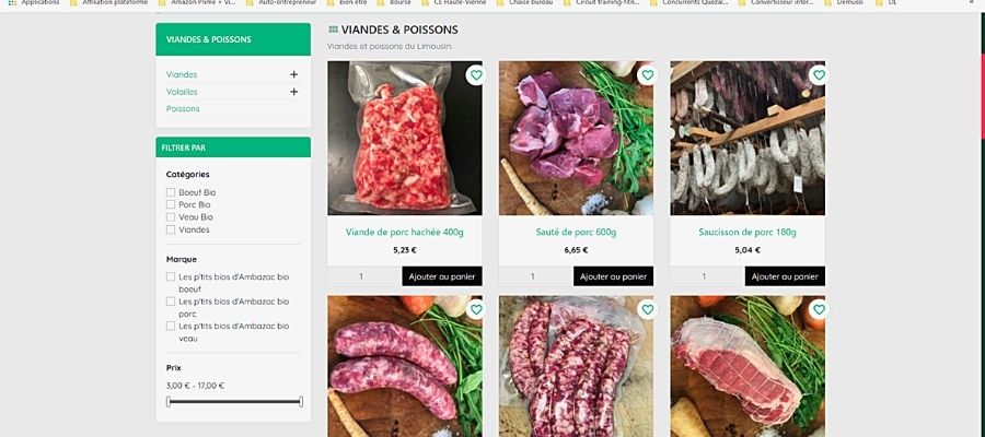 Présentation du site web Quezadrive, page commerciale centrée sur les produits alimentaires (viande)